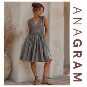 Anagram Gray Striped Fit & Flare Sleeveless V Neck Linen Cotton Blend Dress 8